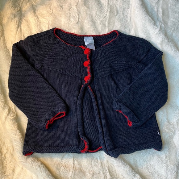 bella bliss Other - Bella Bliss 100% Handmade Knit Cardigan Dark Navy Red Edges Size Girls 6
